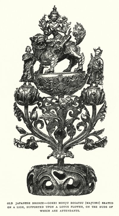 Antiguo bronce japonés, Gokei Monju Bosatsu (Majusri) sentado en un león, sostenido sobre una flor de loto, en cuyos brotes hay asistentes de English School