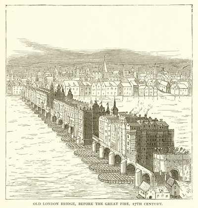 El Puente Viejo de Londres, antes del Gran Incendio, siglo XVII de English School