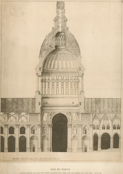 Antigua Catedral de San Pablo; una sección que muestra el Coro con la sugerencia de Sir Christopher Wren para una cúpula de English School