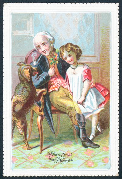 Anciano sentado en silla con niña y perro de English School