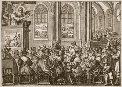 Oliver Cromwell predicando a una congregación puritana, ilustración de The Church of England: A History for the People por H.D.M. Spence-Jones de English School