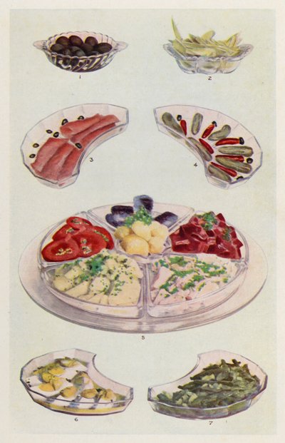 Aceitunas; achicoria aliñada; salmón ahumado; pepinillo y guindilla; mantequilla, rodajas de tomate, ensalada de patatas, atún, remolacha, sardinas; mayonesa de huevos; ensalada de judías (litografía en color). de English School