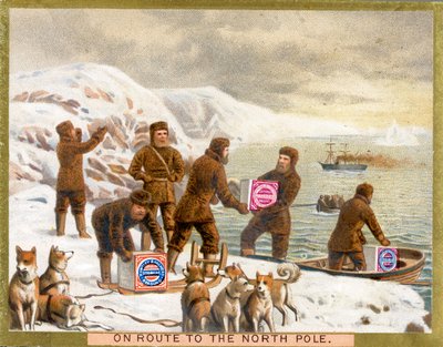 En ruta hacia el Polo Norte, tarjeta promocional para las galletas Huntley & Palmers, c.1890 de English School