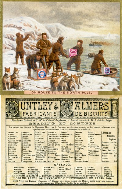 En ruta hacia el Polo Norte, anverso y reverso de una tarjeta promocional para las galletas Huntley & Palmers, producida para el mercado francés, 1890 de English School