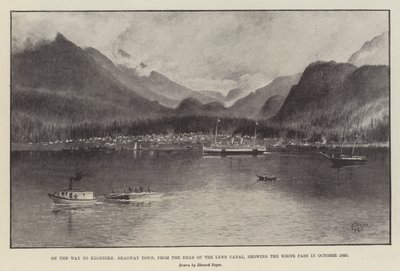 En camino a Klondike, ciudad de Skagway, desde la cabecera del canal Lynn, mostrando el paso White en octubre de 1897 de English School