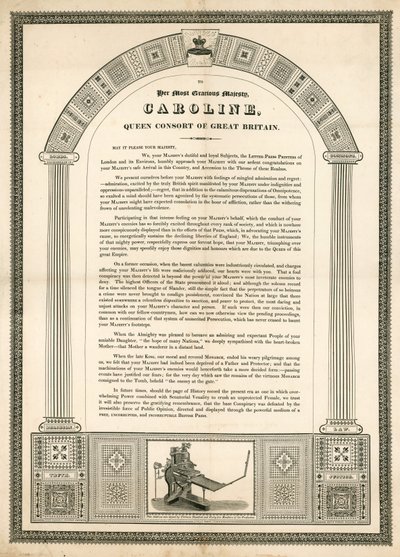 Carta abierta a Caroline, Reina Consorte de Gran Bretaña de los impresores tipográficos de Londres de English School