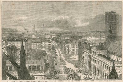 Apertura del Parlamento - la Procesión Real esbozada desde la Abadía de Westminster de English School