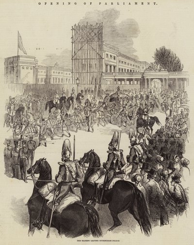 Apertura del Parlamento, Su Majestad saliendo del Palacio de Buckingham (grabado) de English School