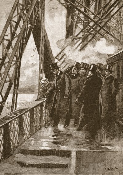 Inauguración del Puente Forth por el Príncipe de Gales, 4 de marzo de 1890, ilustración de la Historia Ilustrada de Inglaterra de Cassell de English School