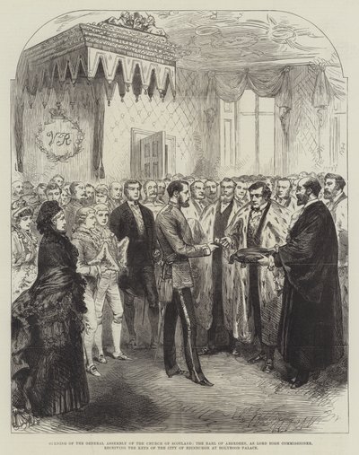 Apertura de la Asamblea General de la Iglesia de Escocia, el Conde de Aberdeen, como Lord Alto Comisionado, recibiendo las llaves de la ciudad de Edimburgo en el Palacio de Holyrood (grabado) de English School