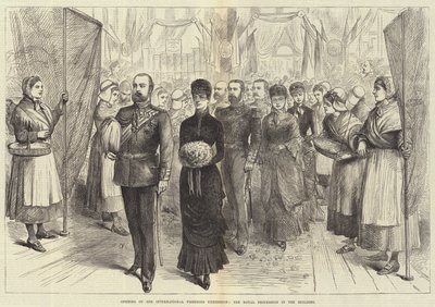 Apertura de la Exposición Internacional de Pesca, la procesión real en el edificio (grabado) de English School