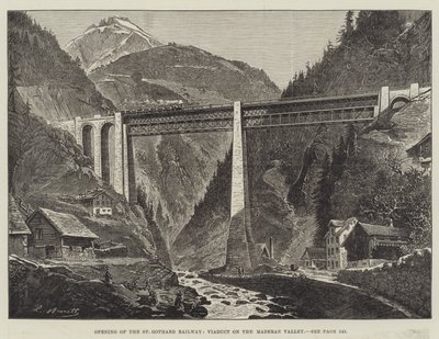 Apertura del ferrocarril de San Gotardo, viaducto en el valle de Maderan (grabado) de English School