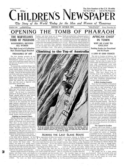 Apertura de la tumba del faraón, ilustración del periódico infantil, 13 de enero de 1923 de English School