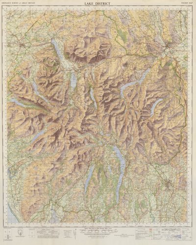 Mapa Ordnance Survey del Distrito de los Lagos (litografía en color) de English School