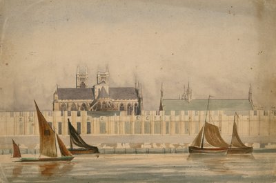 Dibujo original en acuarela de las Casas del Parlamento en construcción alrededor de 1842 de English School