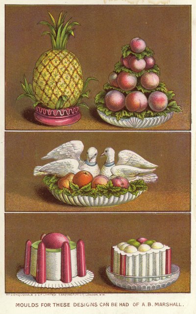Moldes ornamentales para crear alimentos helados en forma de piña, melocotones y dos palomas de English School