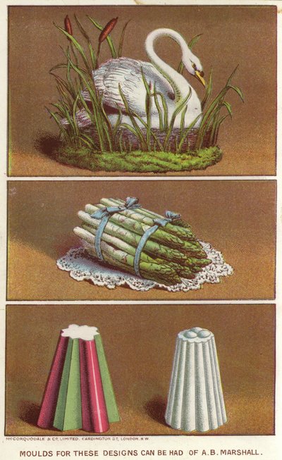 Moldes ornamentales para crear alimentos helados en forma de cisne y un manojo de espárragos (cromolitografía) de English School