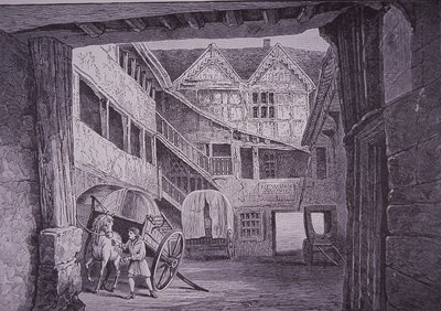 Mozo de cuadra atendiendo a un caballo en el patio del New Inn, Gloucester (xilografía) de English School