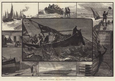Nuestras industrias pesqueras, la pesca de arenque en Yarmouth (grabado) de English School