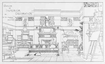 Esquema de decoración interior, diseño de E. W. Godwin, ilustración de The British Architect, 1 de julio de 1881 de English School