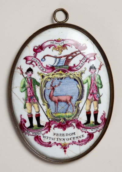 Medallón ovalado para la Sociedad de Bucks, mostrando dos guardabosques sosteniendo un escudo pintado con un ciervo de English School