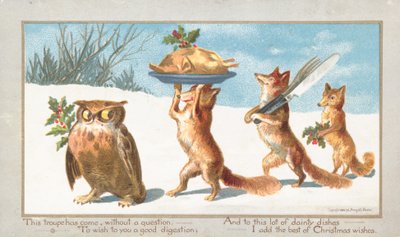 Búho y zorros llevando banquete de Navidad, Tarjeta de Navidad de English School
