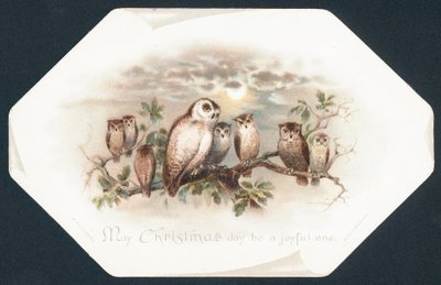 Búhos sentados en una rama de árbol, tarjeta de Navidad de English School