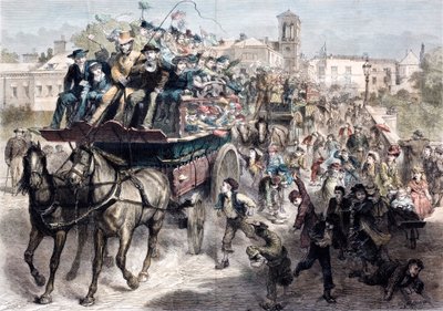 Coches llenos llevando a los londinenses a un día en el campo en tiempos victorianos de English School