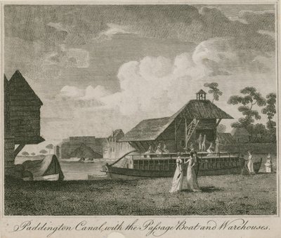 Canal de Paddington, Londres, con el barco de paso y almacenes de English School