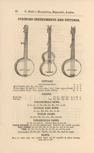 Página del Catálogo Ilustrado de Instrumentos Musicales de G Butler (grabado) de English School