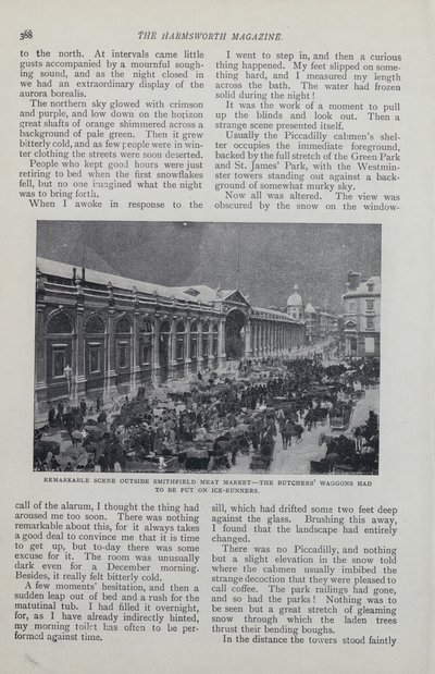 Página de un artículo de revista sobre un Londres imaginario cubierto de nieve de English School