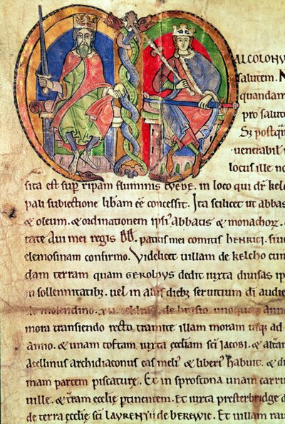 Página de la Carta de la Abadía de Kelso con una inicial iluminada que representa al rey David I (1084-1153) y a su nieto Malcolm IV (1141-65) 1159 (vitela) de English School
