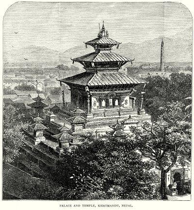 Palacio y templo, Katmandú, Nepal (grabado) de English School