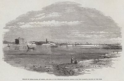 Palacio de Abbas Pacha, en Benha, y Sitio del Puente Ferroviario Planeado sobre la Rama de Damietta del Nilo (grabado) de English School