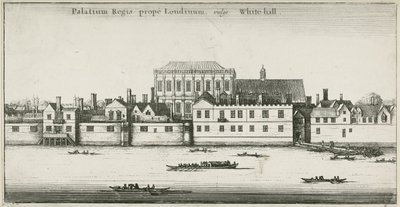 Palacio de Whitehall desde el río Támesis, Westminster, Londres, Reino Unido (aguafuerte) de English School