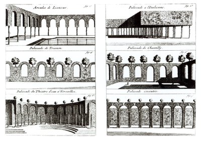 Diseños de empalizadas, de Theory and Practice of Gardening, por Antoine-Joseph Dezallier D