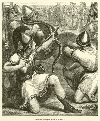Pandarus apuntando una flecha a Menelao (grabado) de English School