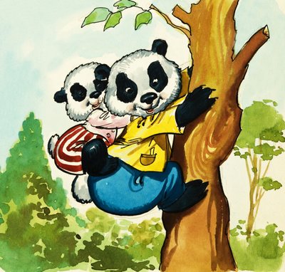 Pandas trepando a un árbol de English School