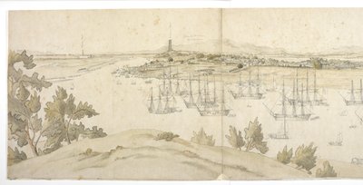 Panorama (mitad izquierda) de Whampoa desde la isla Dane, con barcos británicos y estadounidenses en el fondeadero de English School