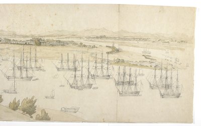 Panorama (mitad derecha) de Whampoa desde la isla Dane, con barcos británicos y estadounidenses en el fondeadero de English School