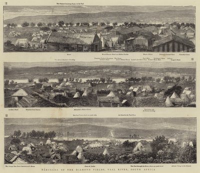 Panorama de los campos de diamantes, río Vaal, Sudáfrica (grabado) de English School
