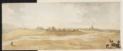 Panorama del Gran Templo de Jagannath, Puri (Orissa), tomado desde el oeste, mostrando bungalows europeos en primer plano a la orilla del mar, septiembre de 1820 (acuarela sobre papel) de English School