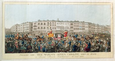 Vista panorámica. Su Majestad la Reina Carolina yendo en estado a la Catedral de San Pablo, 20 de noviembre de 1820, pub. 1821 de English School