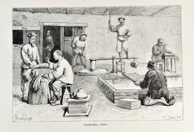 Fábrica de papel, China, ilustración de The Universal Geography, the Earth and its inhabitants por Elisee Reclus, publicado 1878 de English School