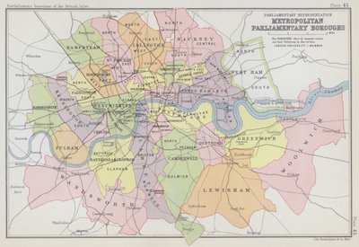 Representación parlamentaria, distritos parlamentarios metropolitanos (litografía en color) de English School