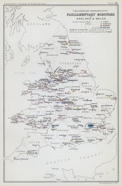 Representación parlamentaria, distritos parlamentarios de Inglaterra y Gales (litografía en color) de English School