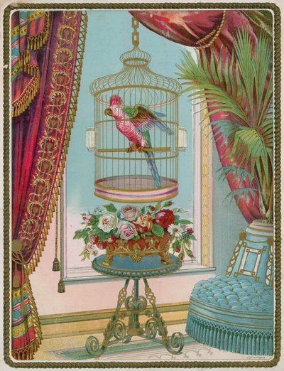 Loro en jaula en un interior victoriano opulento de English School
