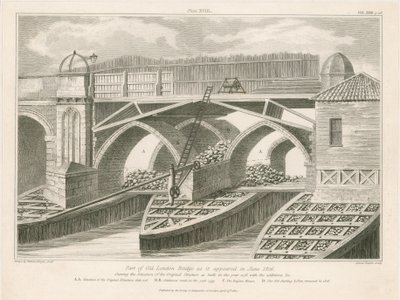 Parte del antiguo Puente de Londres como aparecía en junio de 1826 de English School