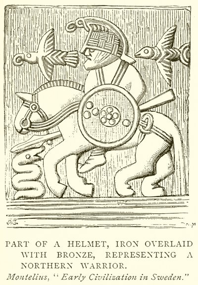 Parte de un casco de hierro recubierto de bronce que representa a un guerrero del Norte (grabado) de English School