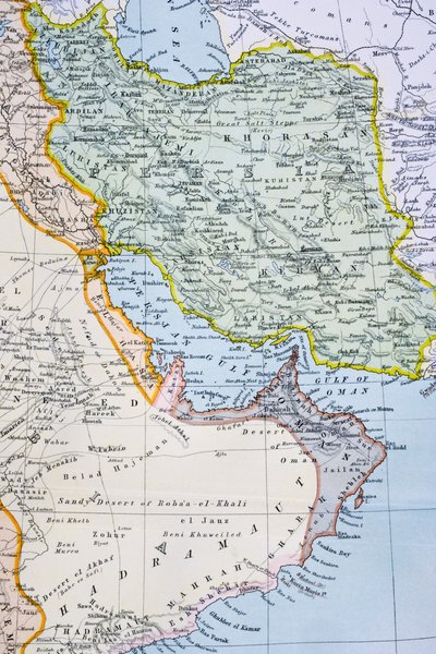 Mapa parcial del Medio Oriente mostrando el Mar Rojo, el Golfo Pérsico y el Cuerno de África en la década de 1890, de 